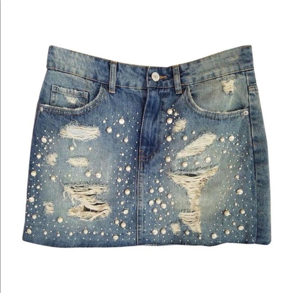 ZARA Distressed Denim Skirt with Pearls